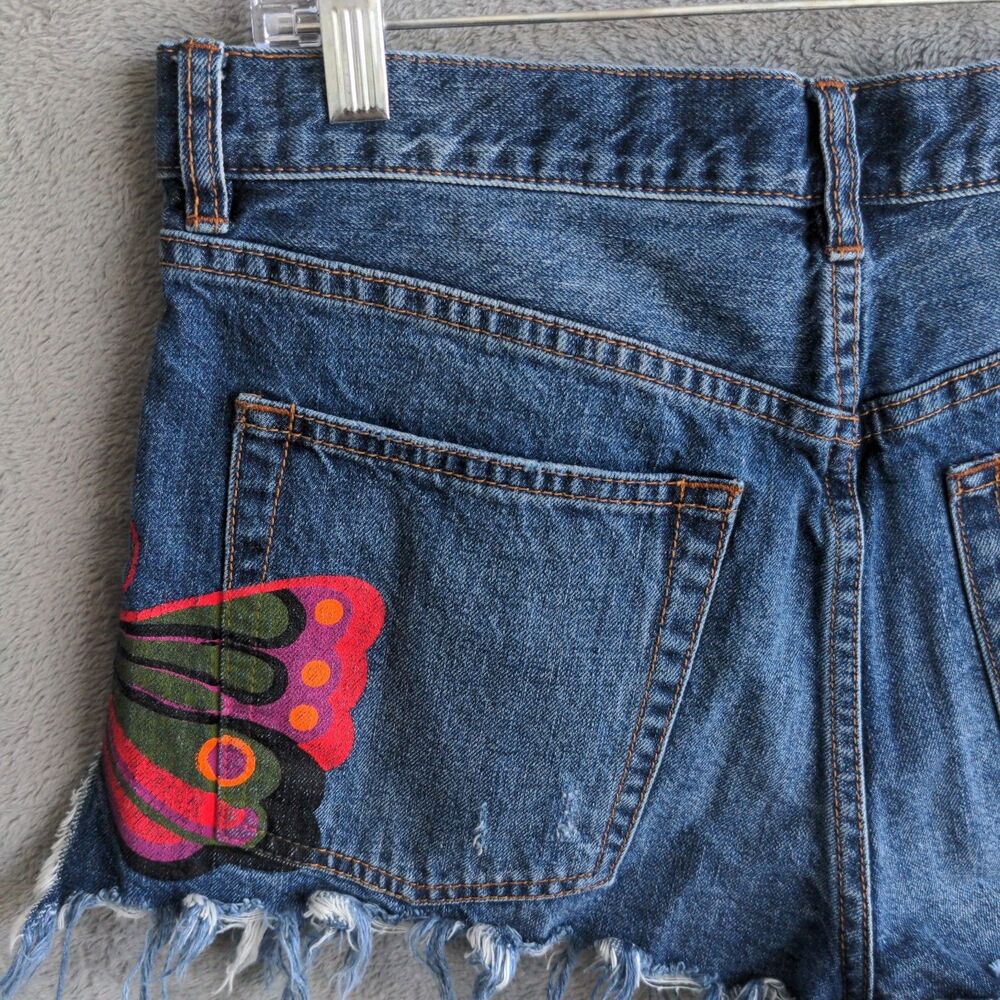 We The Free Denim Shorts Womens 29 Blue Butterfly Graphic Distressed Cut Off - Picture 7 of 10